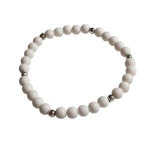 White Beaded Stretch Bracelet Silver Accents Fashion Jewelry Women Girls Gift
